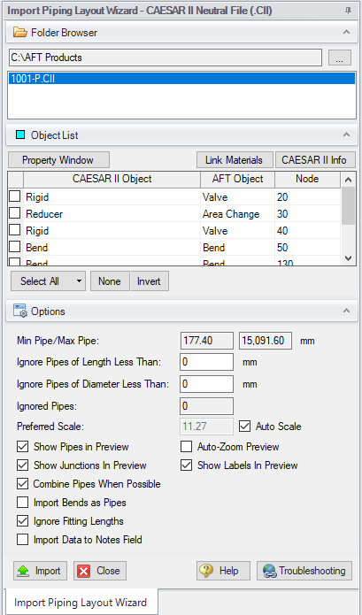 The Import Piping Layout Wizard for CAESAR II Neutral Files.